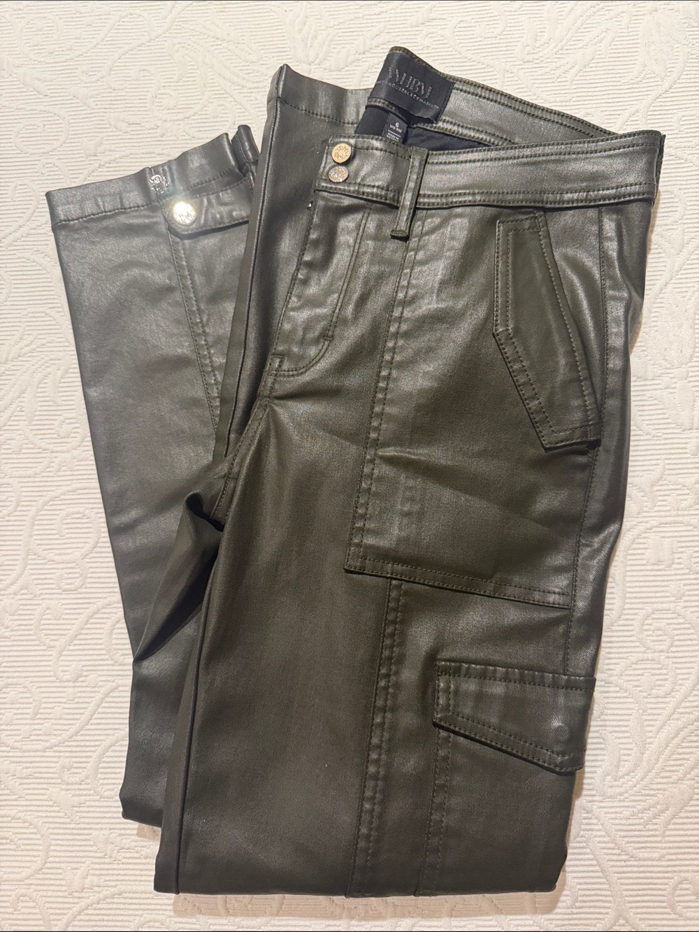 White House Market Olive Faux/Wax coat Leather Straight Leg Mid Rise Cargo